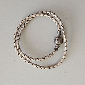 Pandora White Braided Leather Double-Wrap Bracelet – 13.25"
